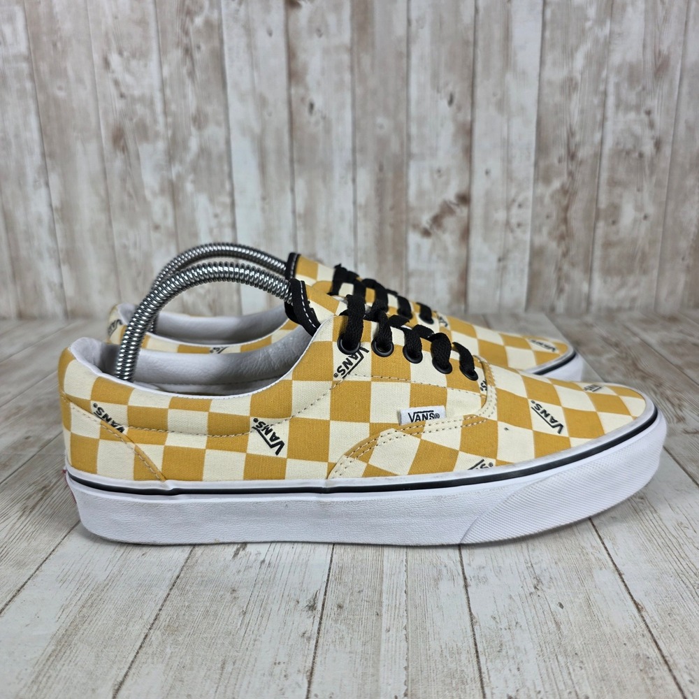 Vans Era‎ Checkerboard Gold Yellow Text Print Sneakers Casual Skate Shoes